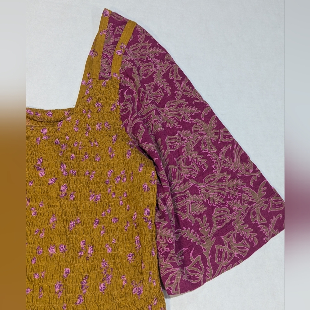 FREE PEOPLE Mustard Yellow Crop Top 3/4 wing Pink Floral Sleeves- Size XL *NWT - Picture 5 of 12